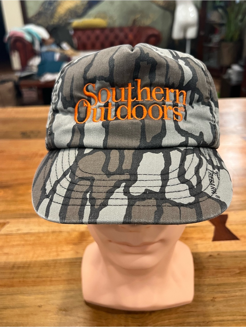 Vintage TreBark Southern Outdoors Camouflage Hat with Orange Logo